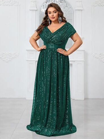 Women's Plus Size V Neck Sequin Formal Maxi Dress A-Line Prom Evening Party Gowns in Saudi Arabia