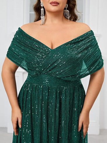 Women's Plus Size V Neck Sequin Formal Maxi Dress A-Line Prom Evening Party Gowns in Saudi Arabia