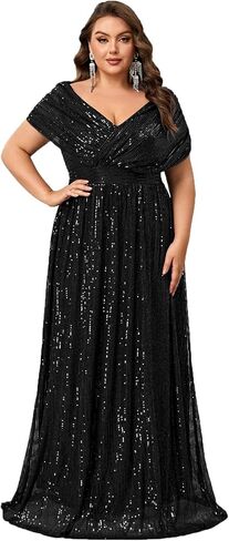 Women's Plus Size V Neck Sequin Formal Maxi Dress A-Line Prom Evening Party Gowns in Saudi Arabia