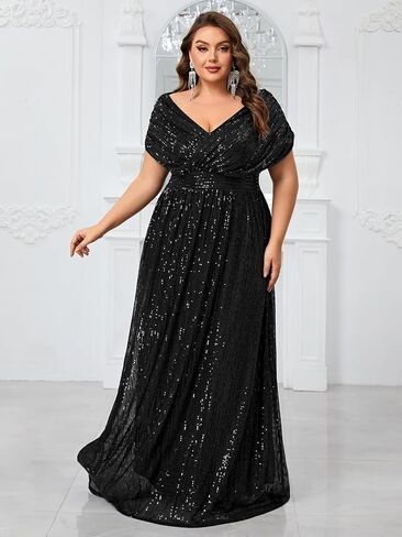 Women's Plus Size V Neck Sequin Formal Maxi Dress A-Line Prom Evening Party Gowns in Saudi Arabia
