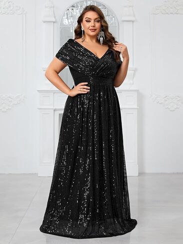 Women's Plus Size V Neck Sequin Formal Maxi Dress A-Line Prom Evening Party Gowns in Saudi Arabia