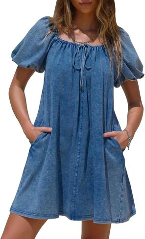 Exlura Womens Summer Summer Denim Short Puff Dresses متماسكة فضفاضة بالإضافة إلى الحجم القصيرة الفستان المصغر 2025 الزي العصري in Saudi Arabia