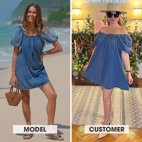 Exlura Womens Summer Summer Denim Short Puff Dresses متماسكة فضفاضة بالإضافة إلى الحجم القصيرة الفستان المصغر 2025 الزي العصري in Saudi Arabia