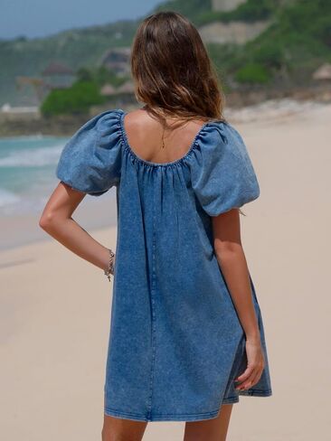 Exlura Womens Summer Summer Denim Short Puff Dresses متماسكة فضفاضة بالإضافة إلى الحجم القصيرة الفستان المصغر 2025 الزي العصري in Saudi Arabia