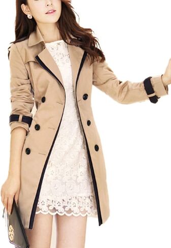 Lu's Chic Women's Trench Coat Contrast Color Double Breasted Jacket Fashion Dressy Overcoat Belted Slim Fit Outerwear Coat in Saudi Arabia