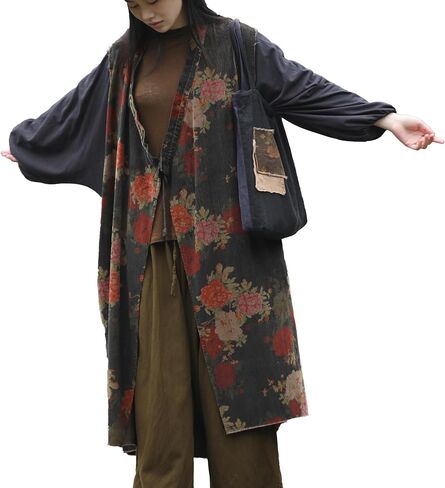 2025 Women's Vintage Style Corduroy Long Trench Coat Kimono Collar Jacket Bohemian printed patchwork cardigan in Saudi Arabia