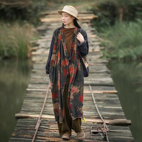 2025 Women's Vintage Style Corduroy Long Trench Coat Kimono Collar Jacket Bohemian printed patchwork cardigan in Saudi Arabia