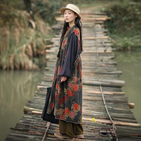 2025 Women's Vintage Style Corduroy Long Trench Coat Kimono Collar Jacket Bohemian printed patchwork cardigan in Saudi Arabia