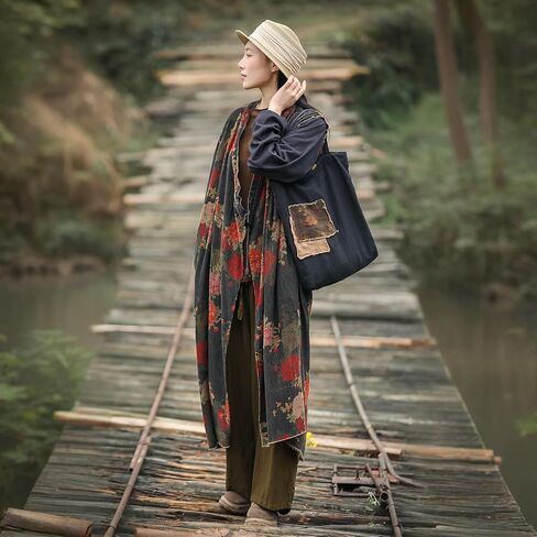 2025 Women's Vintage Style Corduroy Long Trench Coat Kimono Collar Jacket Bohemian printed patchwork cardigan in Saudi Arabia