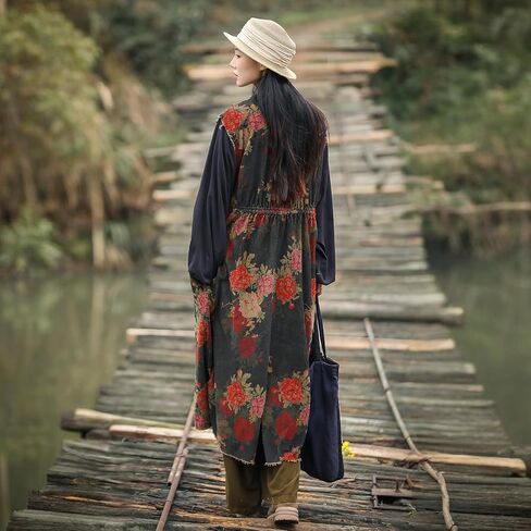 2025 Women's Vintage Style Corduroy Long Trench Coat Kimono Collar Jacket Bohemian printed patchwork cardigan in Saudi Arabia