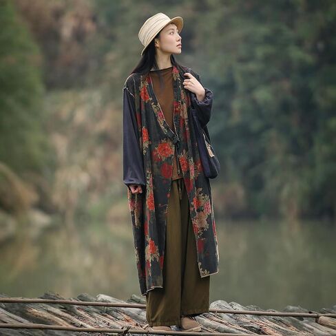 2025 Women's Vintage Style Corduroy Long Trench Coat Kimono Collar Jacket Bohemian printed patchwork cardigan in Saudi Arabia