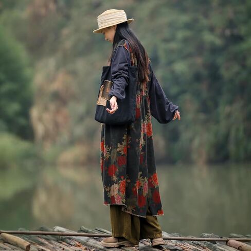 2025 Women's Vintage Style Corduroy Long Trench Coat Kimono Collar Jacket Bohemian printed patchwork cardigan in Saudi Arabia