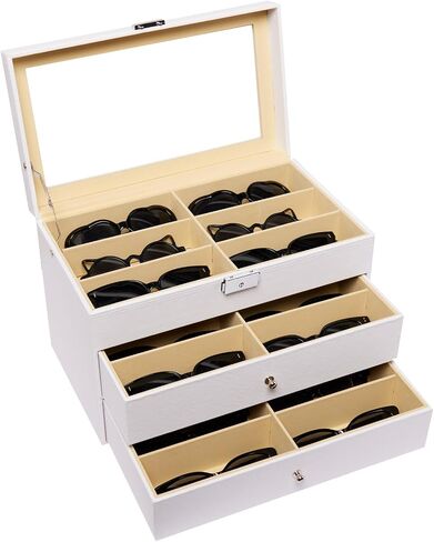 AUTOARK Leather 18 Piece Eyeglasses Storage and Sunglass Glasses Display Drawer Lockable Case Organizer,White,AW-170 in Saudi Arabia