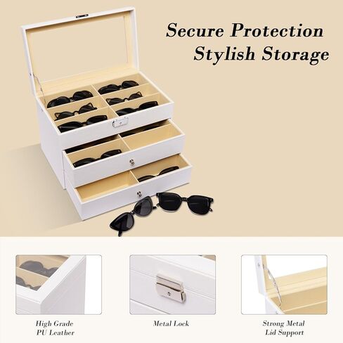 AUTOARK Leather 18 Piece Eyeglasses Storage and Sunglass Glasses Display Drawer Lockable Case Organizer,White,AW-170 in Saudi Arabia