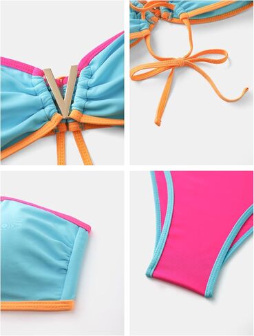 Zaful Women's Bandeau Bikini v Brandless Confetti Colorblock Tie Back Back Rucl Cut من قطعتين من بدلات الاستحمام in Kuwait