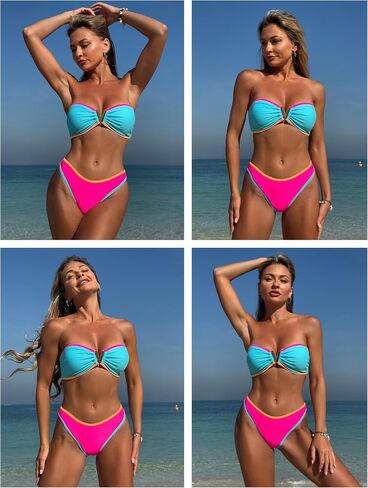 Zaful Women's Bandeau Bikini v Brandless Confetti Colorblock Tie Back Back Rucl Cut من قطعتين من بدلات الاستحمام in Kuwait