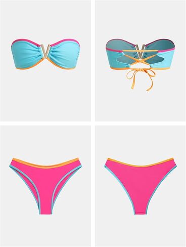 Zaful Women's Bandeau Bikini v Brandless Confetti Colorblock Tie Back Back Rucl Cut من قطعتين من بدلات الاستحمام in Kuwait