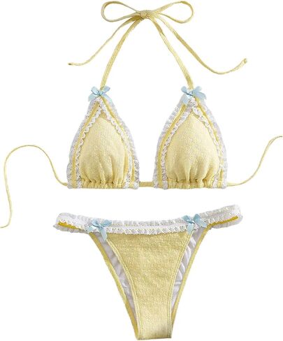 Milumia Women's Lace Trim Bow Tie Bikini Set Triangle Halter Cheeky 2 Piece Swimsuit in Kuwait