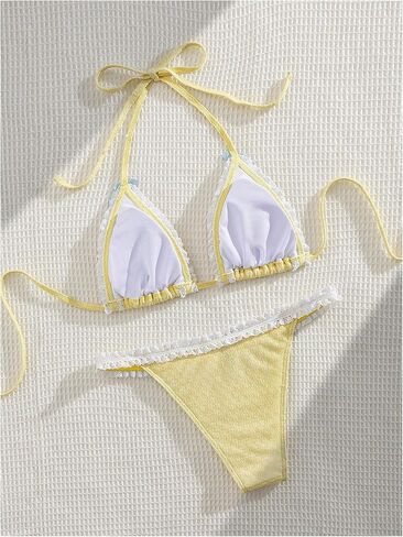 Milumia Women's Lace Trim Bow Tie Bikini Set Triangle Halter Cheeky 2 Piece Swimsuit in Kuwait