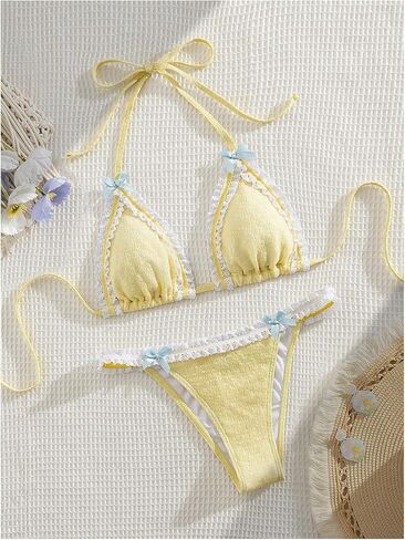 Milumia Women's Lace Trim Bow Tie Bikini Set Triangle Halter Cheeky 2 Piece Swimsuit in Kuwait