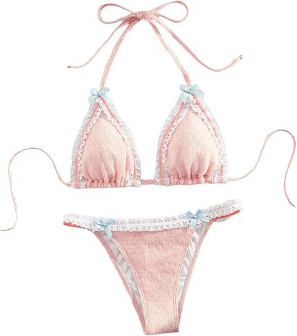 Milumia Women's Lace Trim Bow Tie Bikini Set Triangle Halter Cheeky 2 Piece Swimsuit in Kuwait