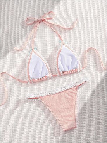 Milumia Women's Lace Trim Bow Tie Bikini Set Triangle Halter Cheeky 2 Piece Swimsuit in Kuwait