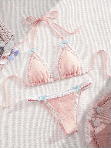 Milumia Women's Lace Trim Bow Tie Bikini Set Triangle Halter Cheeky 2 Piece Swimsuit in Kuwait