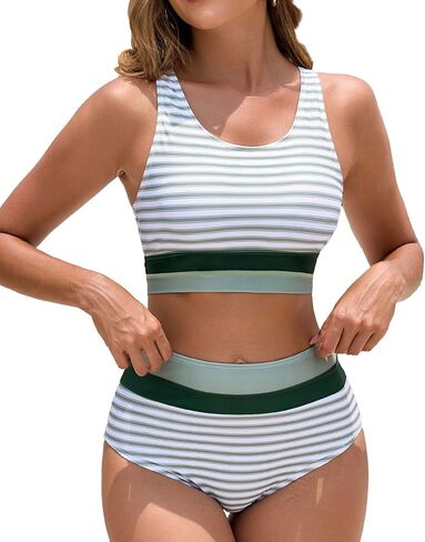 Women's High Waisted Bikini Sets Two Piece Swimsuit Color Block Sporty Athletic Moderate Coverage Bathing Suits in Saudi Arabia