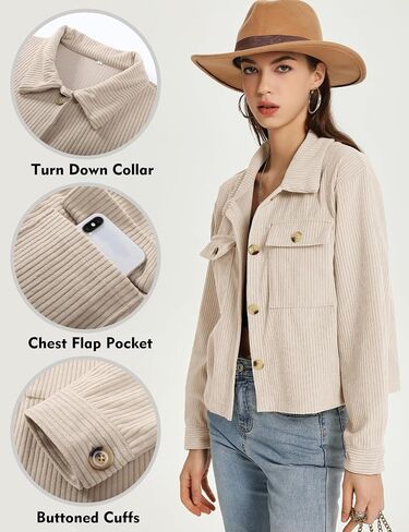 Flygo Womens Fashion Cropped Jacket Corduroy Button Down Shirt Shacket Jackets Lightweight Spring Jackets 2025 Trendy in Saudi Arabia