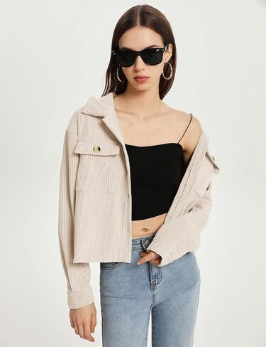 Flygo Womens Fashion Cropped Jacket Corduroy Button Down Shirt Shacket Jackets Lightweight Spring Jackets 2025 Trendy in Saudi Arabia