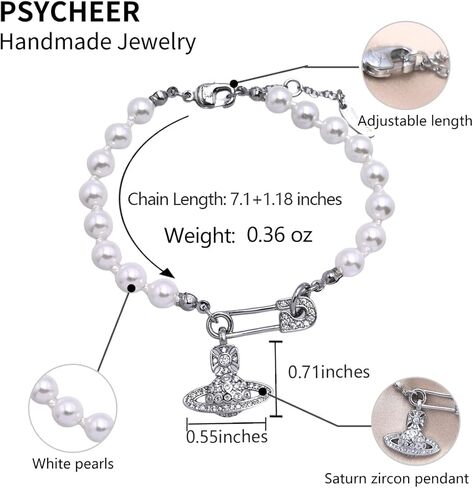 Saturn Pearl Bracelet for Women Planet Jewelry Pin Saturn Accessories for Women Saturn Charm Bracelet with Zirconia, Jewelry Gift for Mother Wife Daughter for Anniversary Birthday in Saudi Arabia