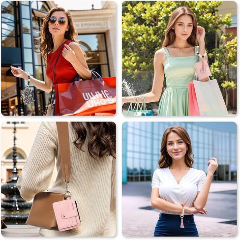 Small Credit Card Wallet with Keychain Wristlet Beads Ring, PU Leather Card Holder - 8 Card Slots & 1 ID Window & 1 Zipper Pocket, Strawberry Print in Saudi Arabia