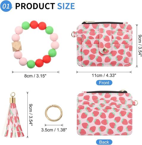 Small Credit Card Wallet with Keychain Wristlet Beads Ring, PU Leather Card Holder - 8 Card Slots & 1 ID Window & 1 Zipper Pocket, Strawberry Print in Saudi Arabia