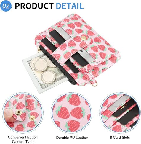 Small Credit Card Wallet with Keychain Wristlet Beads Ring, PU Leather Card Holder - 8 Card Slots & 1 ID Window & 1 Zipper Pocket, Strawberry Print in Saudi Arabia