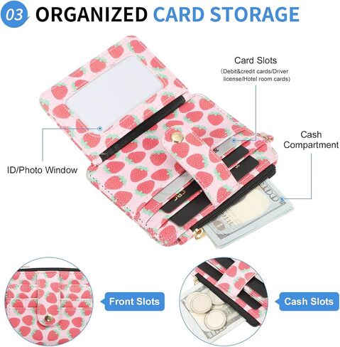 Small Credit Card Wallet with Keychain Wristlet Beads Ring, PU Leather Card Holder - 8 Card Slots & 1 ID Window & 1 Zipper Pocket, Strawberry Print in Saudi Arabia
