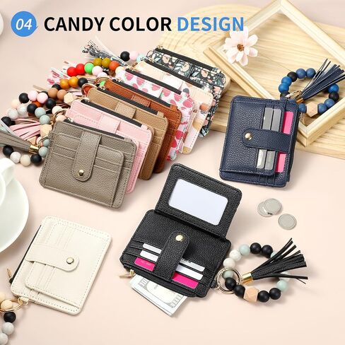 Small Credit Card Wallet with Keychain Wristlet Beads Ring, PU Leather Card Holder - 8 Card Slots & 1 ID Window & 1 Zipper Pocket, Strawberry Print in Saudi Arabia