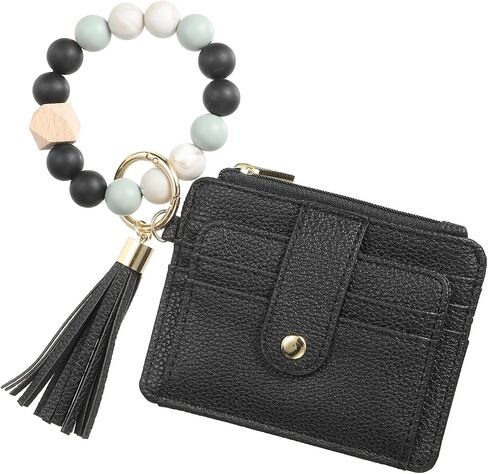 Small Credit Card Wallet with Keychain Wristlet Beads Ring, PU Leather Card Holder - 8 Card Slots & 1 ID Window & 1 Zipper Pocket, Strawberry Print in Saudi Arabia