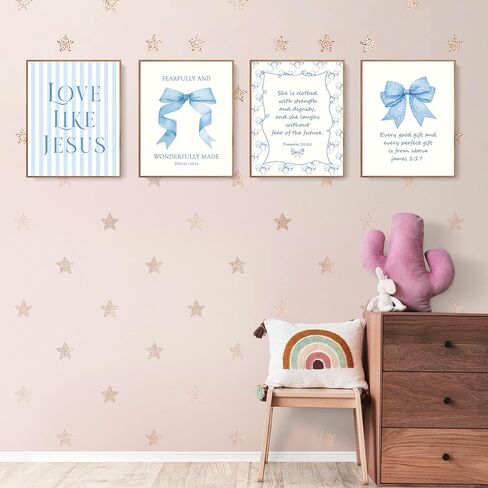 LARTSFRO Coquette Blue Bow Jesus Wall Art Decor Posters, Light Blue Bow Room Bedroom Bathroom Wall Art Decor Aesthetic for Teen Girls Gifts, Inspirational Bible Verses Bow Wall Decor, 10x8 Inch Set of 4 Unframed Bow Pictures in Saudi Arabia