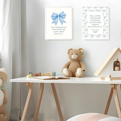 LARTSFRO Coquette Blue Bow Jesus Wall Art Decor Posters, Light Blue Bow Room Bedroom Bathroom Wall Art Decor Aesthetic for Teen Girls Gifts, Inspirational Bible Verses Bow Wall Decor, 10x8 Inch Set of 4 Unframed Bow Pictures in Saudi Arabia