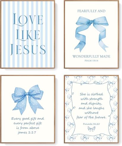 LARTSFRO Coquette Blue Bow Jesus Wall Art Decor Posters, Light Blue Bow Room Bedroom Bathroom Wall Art Decor Aesthetic for Teen Girls Gifts, Inspirational Bible Verses Bow Wall Decor, 10x8 Inch Set of 4 Unframed Bow Pictures in Saudi Arabia
