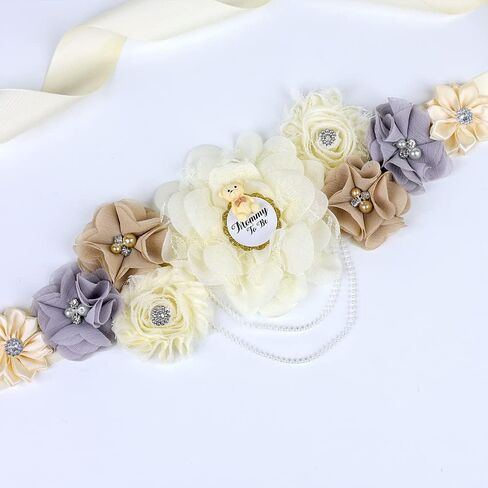 Ivory Handmade Maternity Flower Sash Belt with Badge Set Pregnant Women Waisband Belt Mom to Be Sash Photography in Saudi Arabia