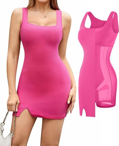 Popilush Shapewear Dress Built in Shapewear Bra 8 in 1 Square Neck Mini Slit Bodycon Summer Dress for Women in Saudi Arabia