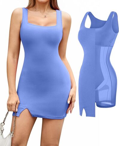 Popilush Shapewear Dress Built in Shapewear Bra 8 in 1 Square Neck Mini Slit Bodycon Summer Dress for Women in Saudi Arabia