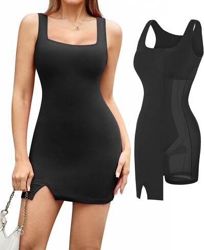 Popilush Shapewear Dress Built in Shapewear Bra 8 in 1 Square Neck Mini Slit Bodycon Summer Dress for Women in Kuwait