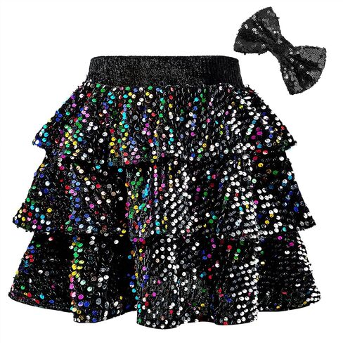 Zando Girls Sequirt Skirt Kids Sparkly Skirl Girls Metallic Skirt Girls Tinsel Skirt Girls Tulle Skirt with Bow Hair Clip in Kuwait