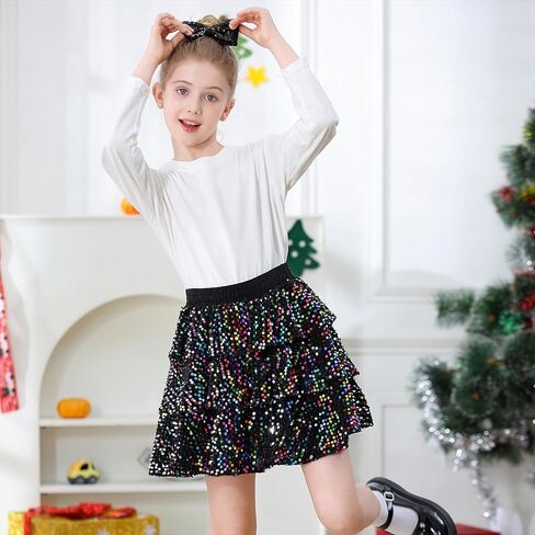 Zando Girls Sequirt Skirt Kids Sparkly Skirl Girls Metallic Skirt Girls Tinsel Skirt Girls Tulle Skirt with Bow Hair Clip in Kuwait