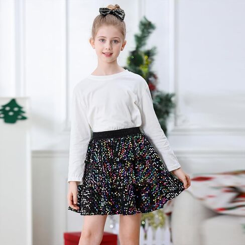 Zando Girls Sequirt Skirt Kids Sparkly Skirl Girls Metallic Skirt Girls Tinsel Skirt Girls Tulle Skirt with Bow Hair Clip in Kuwait