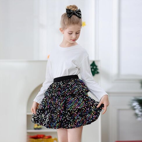 Zando Girls Sequirt Skirt Kids Sparkly Skirl Girls Metallic Skirt Girls Tinsel Skirt Girls Tulle Skirt with Bow Hair Clip in Kuwait