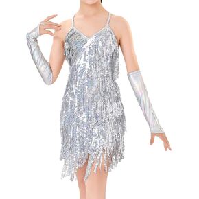 IWEMEK Latin Dance Dress for Girls 20s Flapper Dresses Sparkly Sequin Tassels 1920s Kids Fringe Flapper Dresses with Gloves