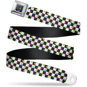 Buckle-Down Belt, Seatbelt Buckle Belt, Mushrooms Scattered Checker Black White Multi Neon, Adjustable